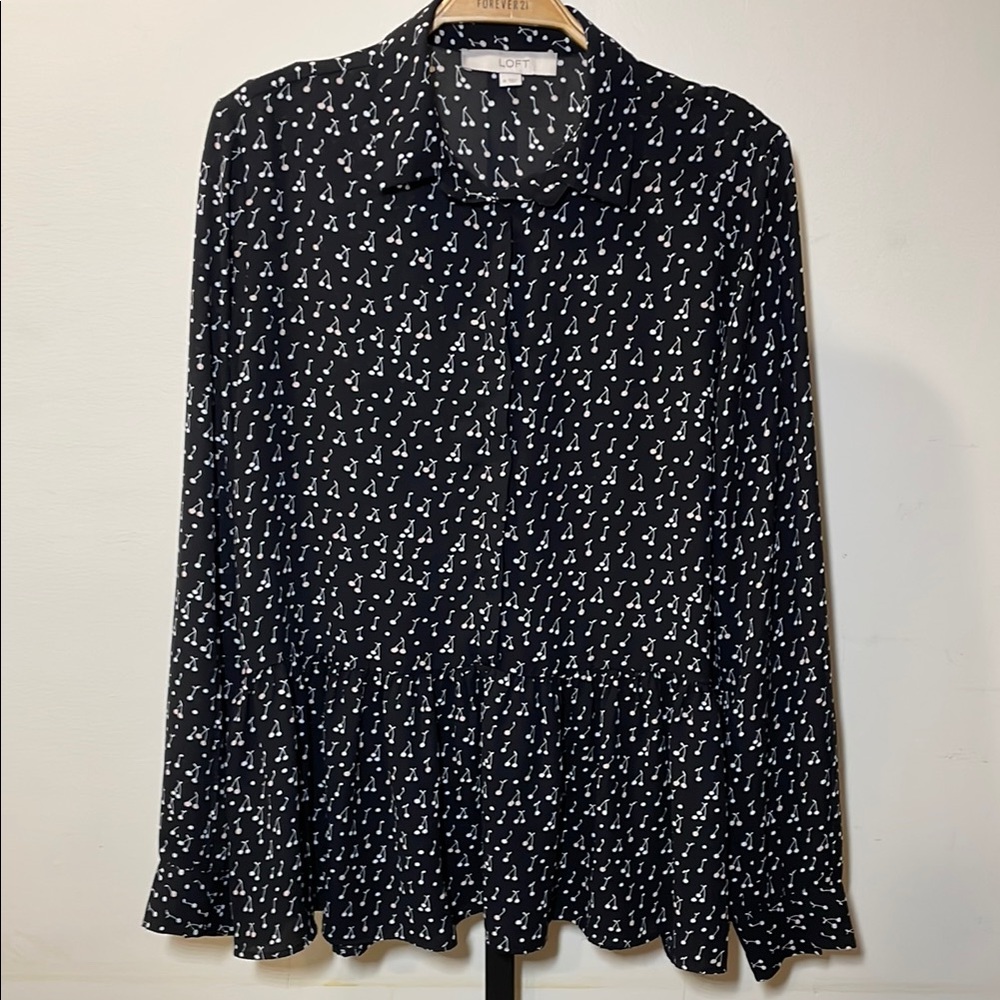 LOFT Black and White Notched Collar Peplum Blouse
